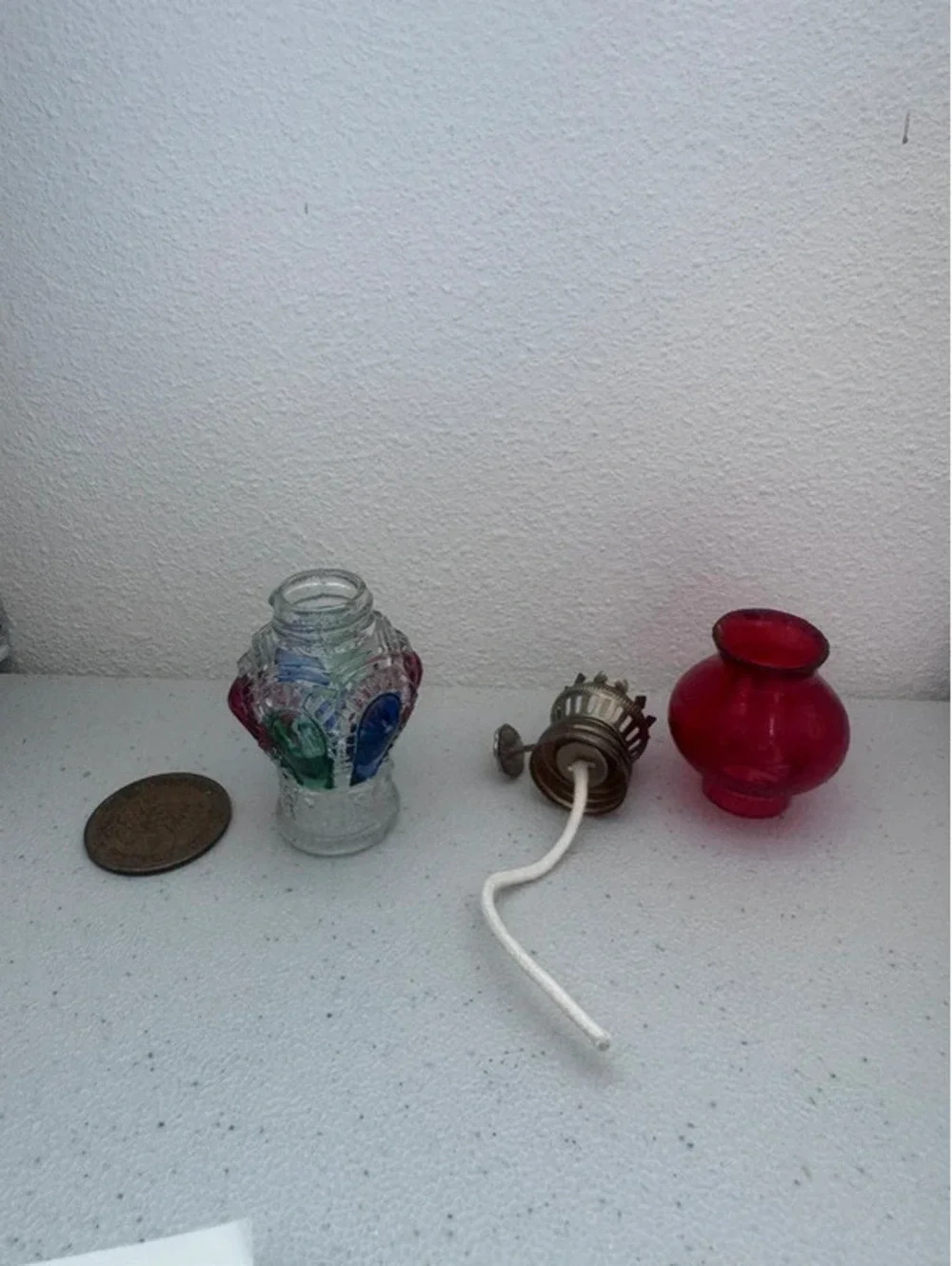 Mini Oil Lamp, Red Shade With Multi Color Base